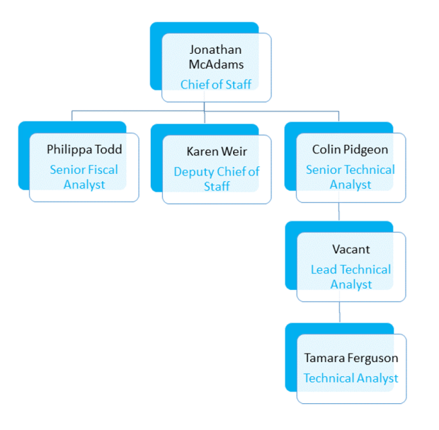 Organisation chart showing Jonathan McAdams, Chief of Staff, Karen Weir, Deputy Chief of Staff, Colin Pidgeon Senior Analyst, Phillipa Todd Senior Fiscal Analyst and Tamar Ferguson, Technical Analyst